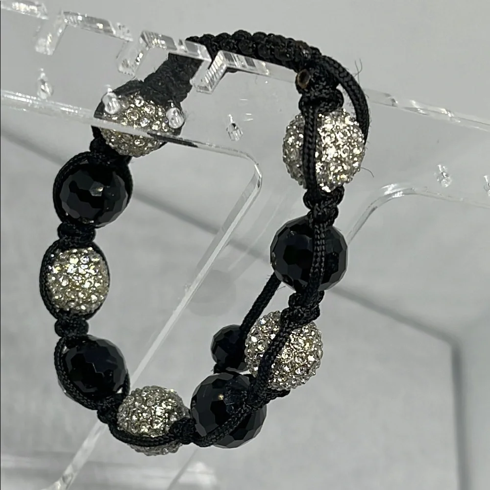 Adjustable Black glass and Silver tone pace rhinestone Beaded Bracelet